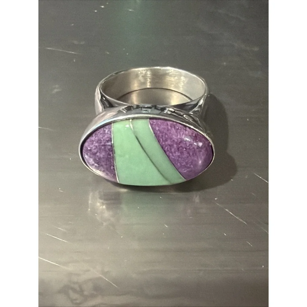Vtg Jay King DTR Sterling Silver Charoite Aventurine Mosaic Band Ring 925 Size 7